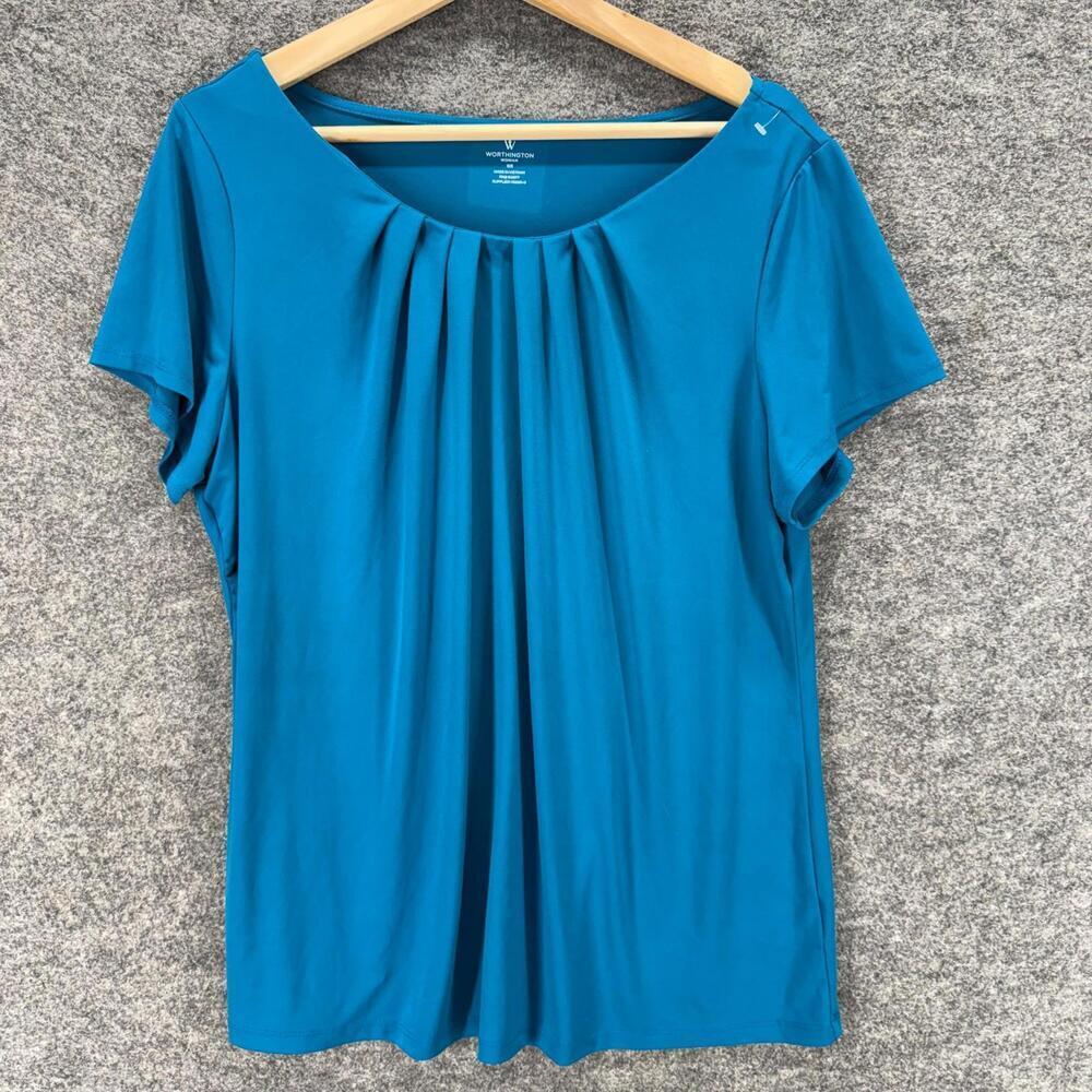 Worthington Blouse Women 0X Plus Blue Short Sleeve Pleated Round Neck Casual